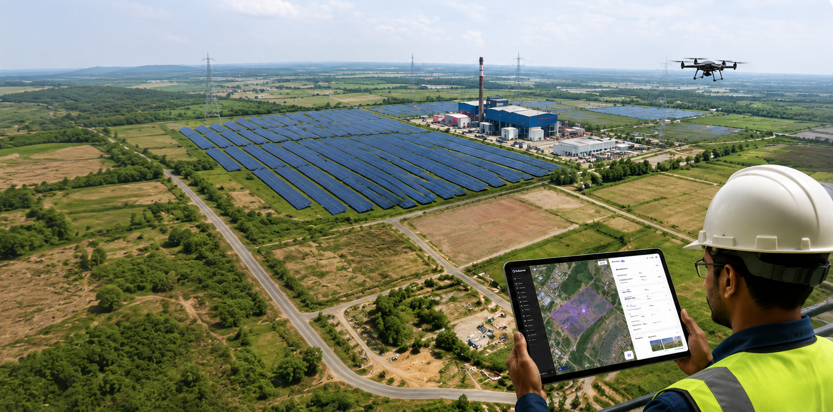 Aerial view of a solar-farm land parcel with an engineer reviewing it on Oxland