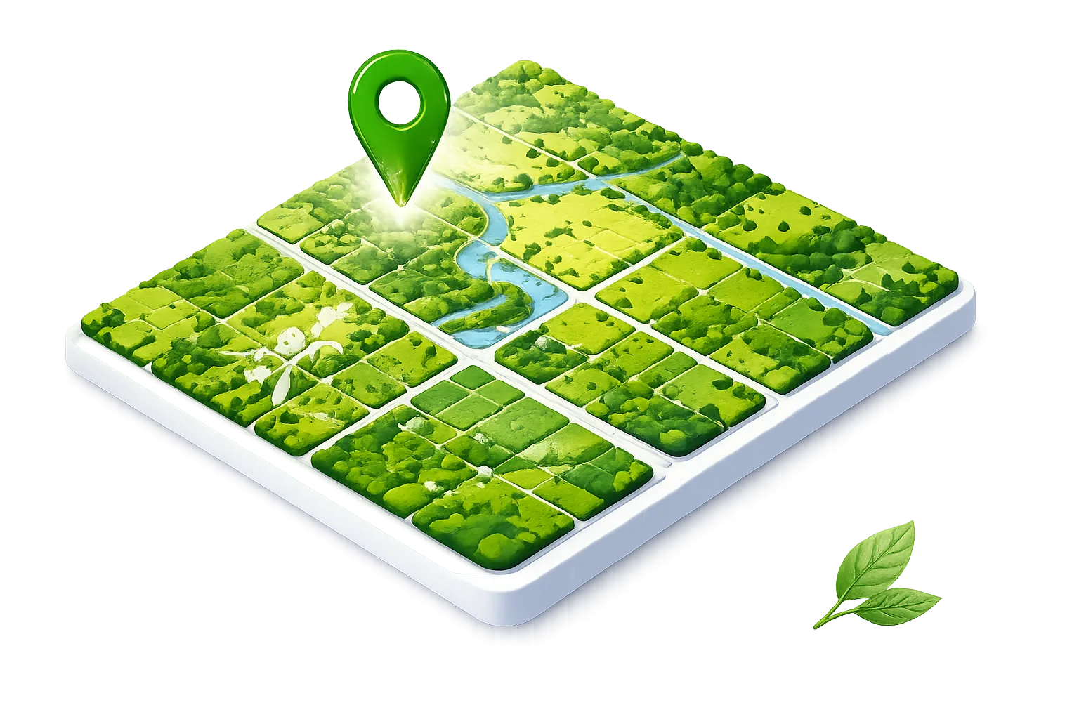 Isometric 3D map of green land parcels with a location pin